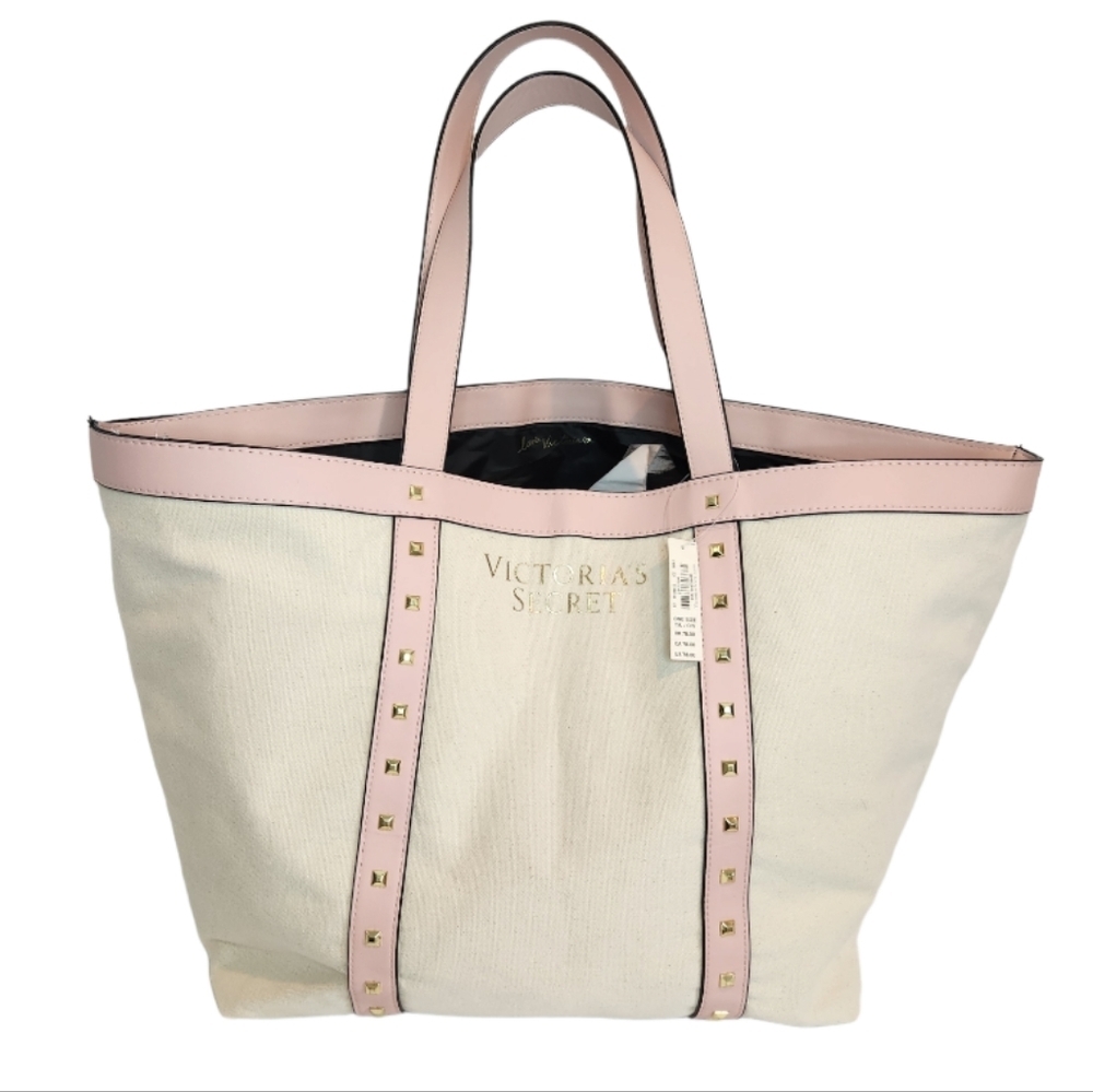 VICTORIA'S SECRET NWT CANVAS TOTE  pink trim and handles with gold tone …